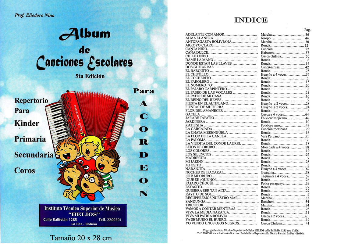Portada e índice de Álbum de Canciones Escolares