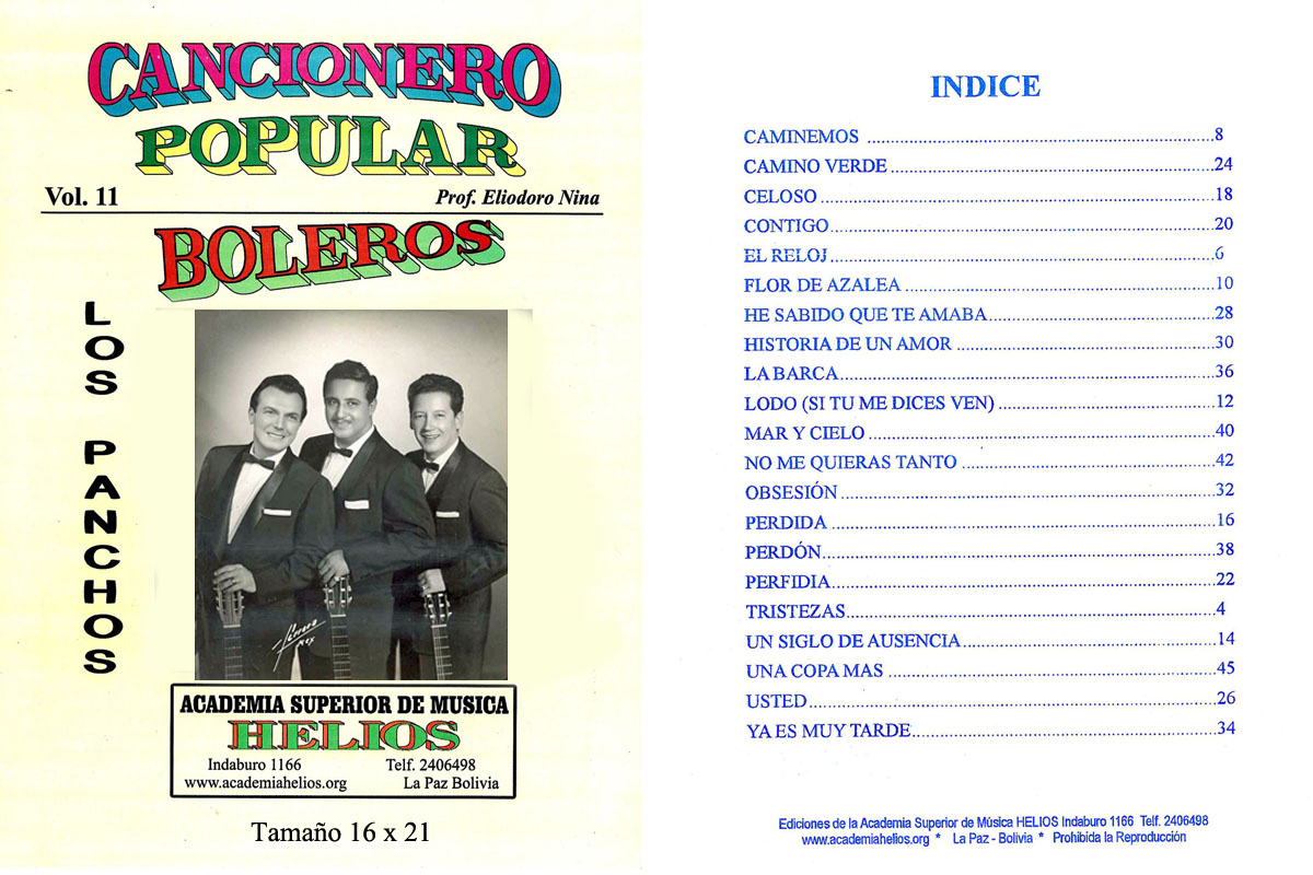 Portada e índice de Cancionero Popular: Boleros · Vol. 11