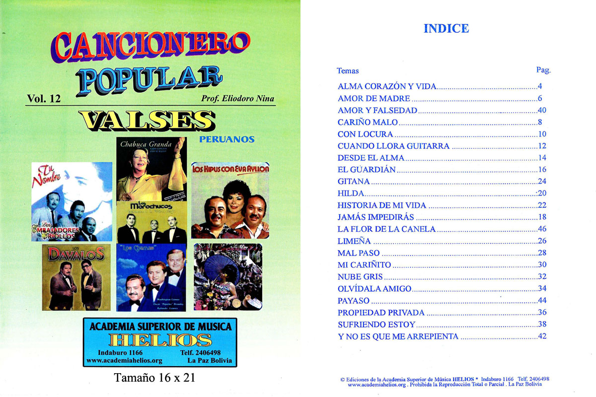 Portada e índice de Cancionero Popular: Valses · Vol. 12
