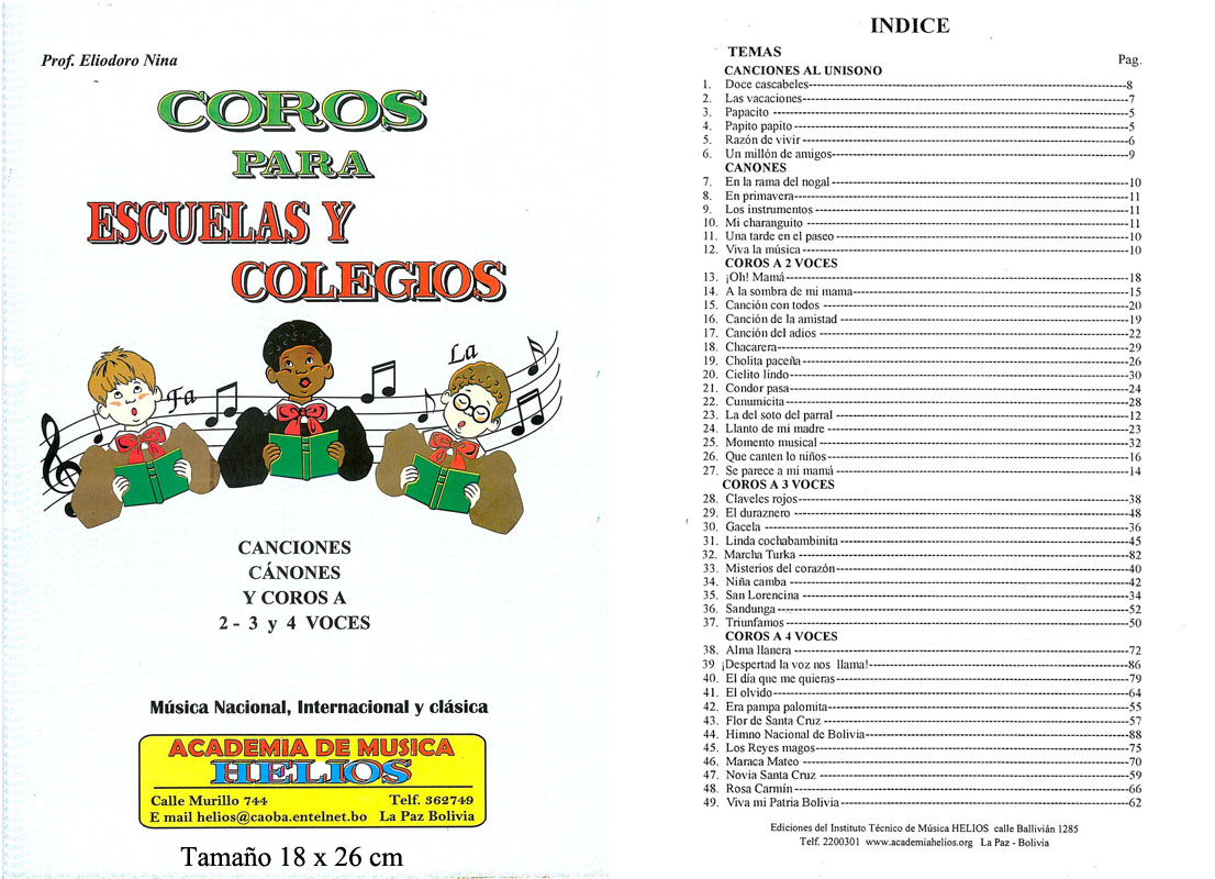 Portada e índice de Coros para Escuelas y Colegios