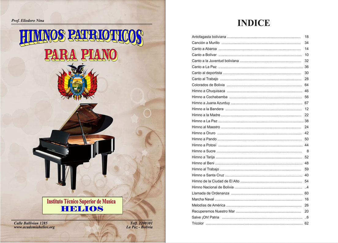 Portada e índice de Himnos Patrióticos para Piano
