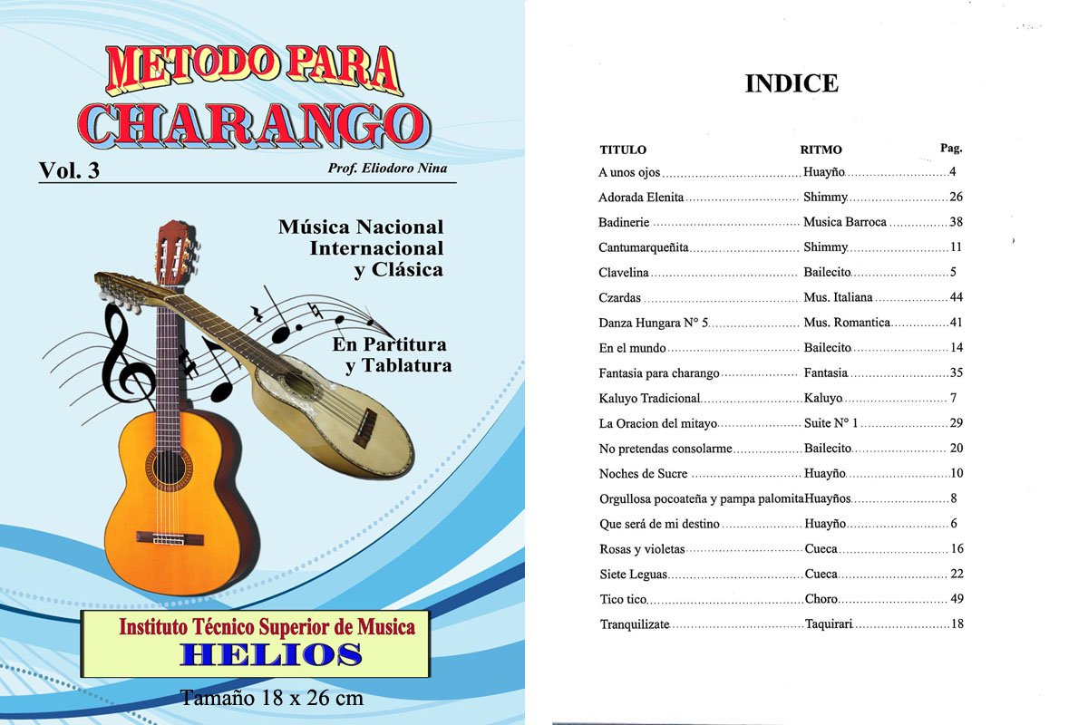 Portada e índice de Método para Charango · Vol. 3