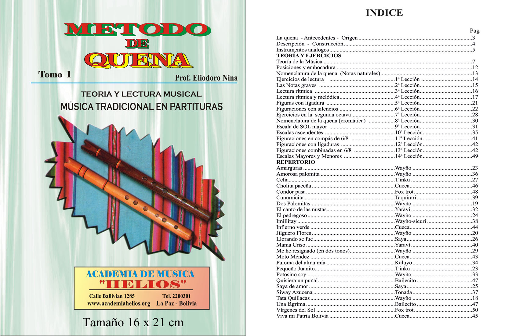 Portada e índice de Método de Quena · Tomo 1