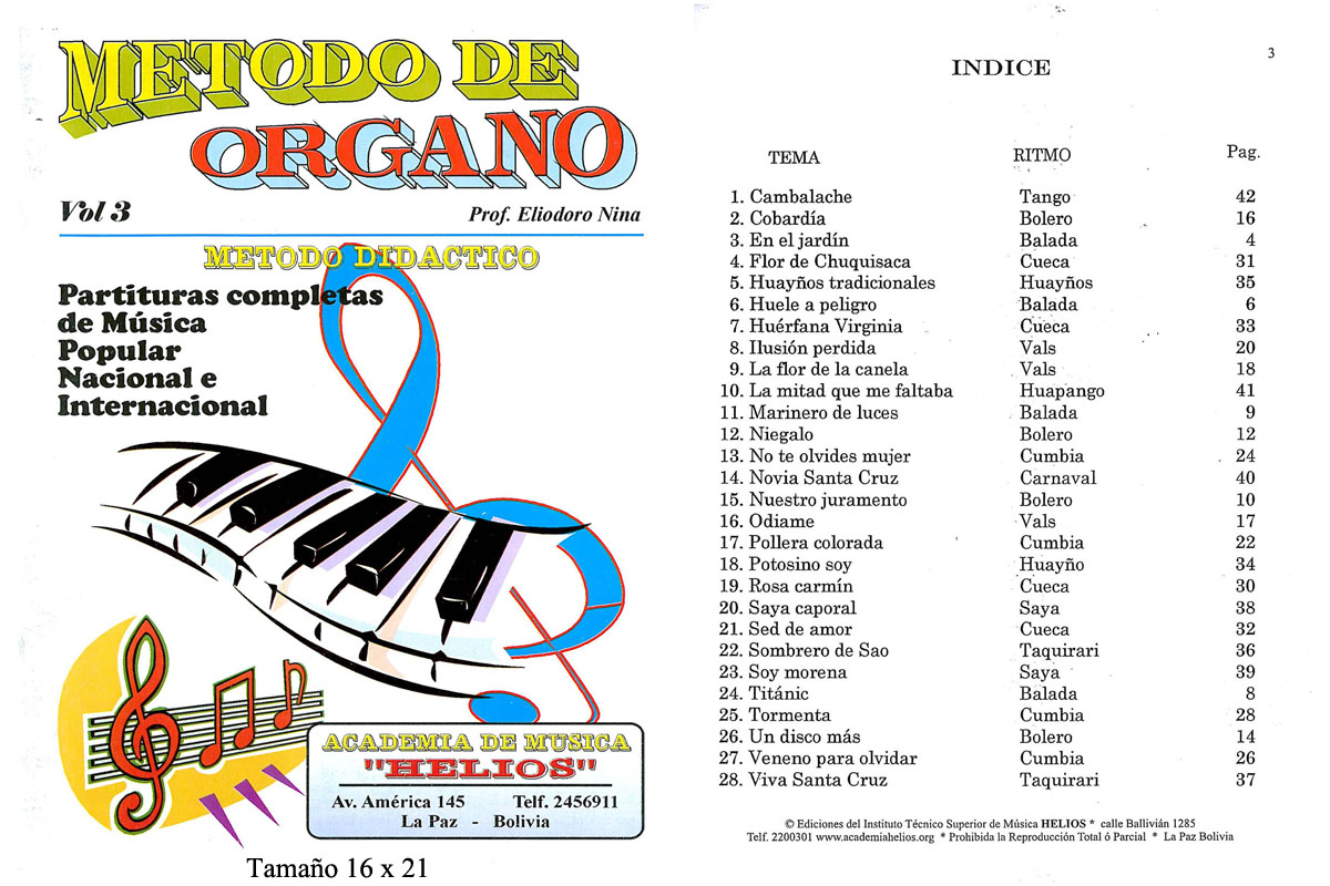 Portada e índice de Método para Órgano Vol. 3 · Vol. 3