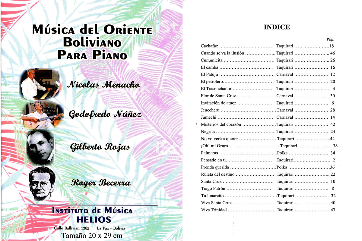 Portada e índice de Música del Oriente Boliviano para Piano
