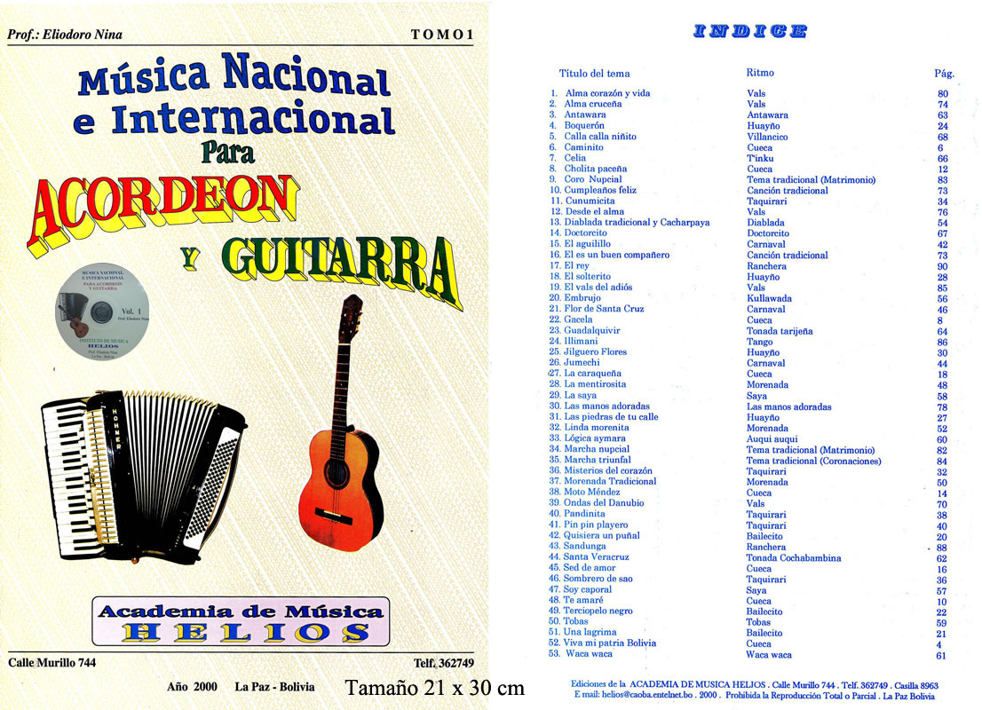 Portada e índice de Música Nacional e Internacional para Acordeón y Guitarra · Vol. 1